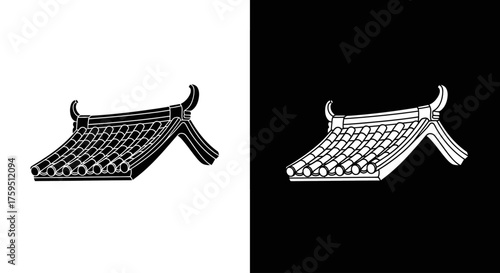 A black and white graphic illustration of a traditional East Asian tiled roof with curved eaves.