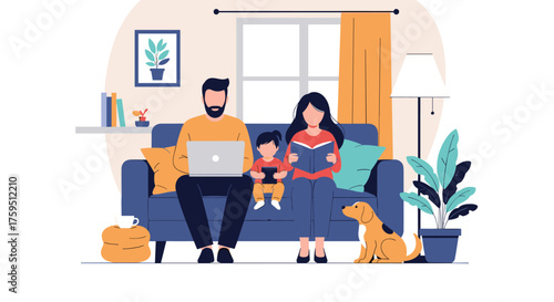 A modern family enjoying a peaceful afternoon together on the couch with their dog and plants.
