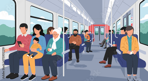 Diverse group of people traveling together on a crowded public transportation train going through scenic green hills.