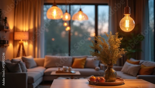 A cozy living space with warm lighting creates a relaxing ambiance. Modern interior design includes a sofa and a wooden table. Decorative elements add to the welcoming atmosphere of the room.