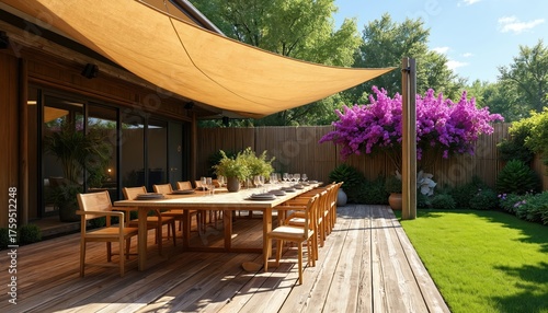 Wooden deck dining set in green garden under sun shade sail. Long table with chairs and place settings invites outdoor meal. Rich plants and bright flowers surround the patio space.