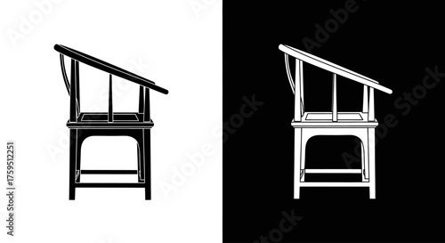Monochrome illustration of an antique wooden scholar's chair with a slanted top, presented in positive and negative space.