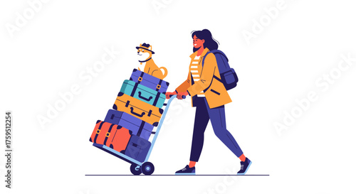 Woman with dog and luggage on a trolley going on vacation.