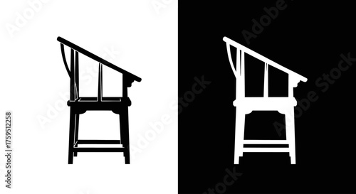 Side profile silhouette of a traditional antique Asian wooden armchair in black and white.
