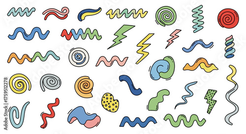 Assorted colorful doodles zigzags swirls waves and lightning bolts on a white background
