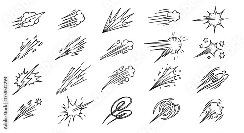 Assorted comic speed lines and effects black outlines on white