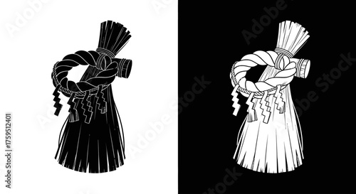 A monochrome illustration of a traditional Japanese shimenawa, a sacred straw rope with a knot and shide streamers.