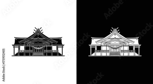 A detailed, symmetrical illustration of a traditional Japanese Shinto shrine, shown in black on white and white on black.