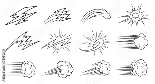 Black and white drawing showing different types of comic book effects