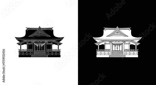 A black and white graphic illustration of a traditional Japanese Shinto shrine, shown in positive and negative versions.