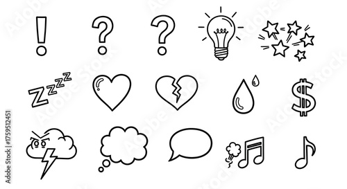 Black and white image with common doodlelike icons arranged on white background