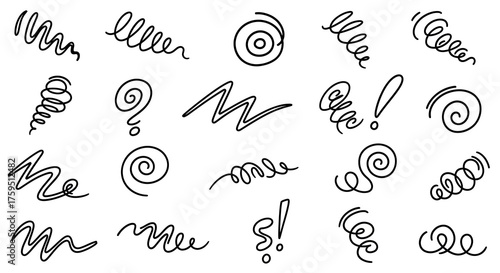 Black swirls zigzags question  exclamation marks are drawn against a white background