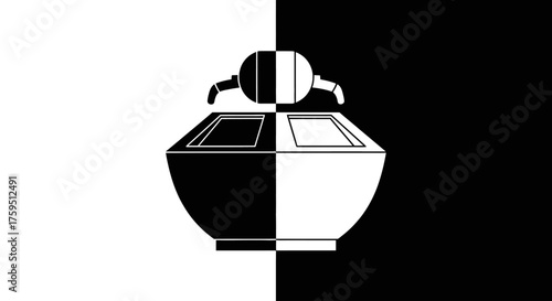 A minimalist black and white graphic of a dual inkwell and dispenser, symbolizing contrast, balance, and duality.