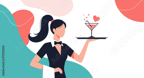 A skilled bartender prepares a romantic cocktail with hearts and bubbly decorations. 