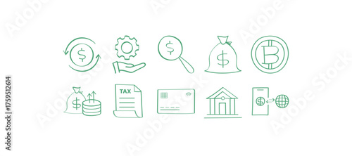 Collection of financial and economic icons including money bitcoin and tax related symbols shown