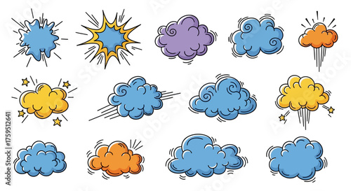 Cartoon clouds  bursts various shapes colors and effects presented in a grid layout