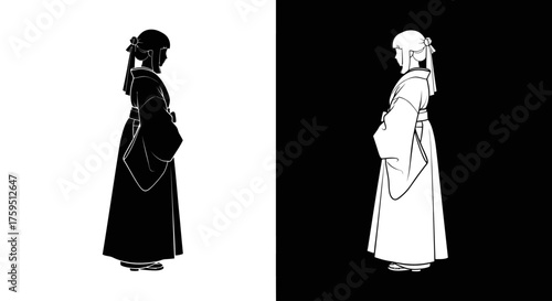 A black and white graphic illustration of a woman in a traditional kimono, shown in profile as a silhouette and a line drawing against contrasting backgrounds.