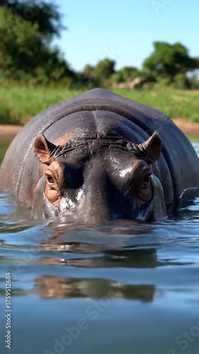 Close up of a submerged hippopotamus in natural aquatic environment