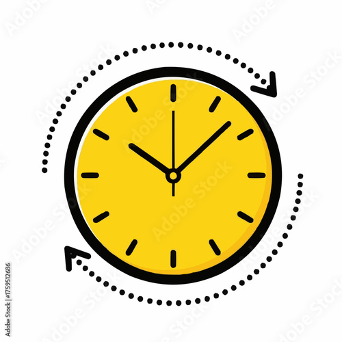 Modern minimalist yellow clock illustration with dotted arrow symbolizing time progression and productivity