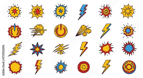 Cartoon comic symbols show stars lightning  speed lines in yellow red  blue arranged in a grid pattern on a white background