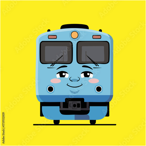 Blushing Blue Train, A small, front-facing train engine in a soft sky blue, with tiny, rosy blush marks on its 'cheeks'. It has a contented