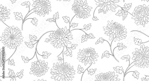 Delicate floral pattern with blooming chrysanthemum flowers and thin stems on a white background.