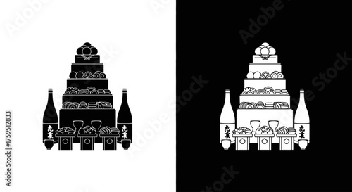 A black and white icon of a lavish banquet table with a tiered cake, champagne bottles, and glasses for a celebration.