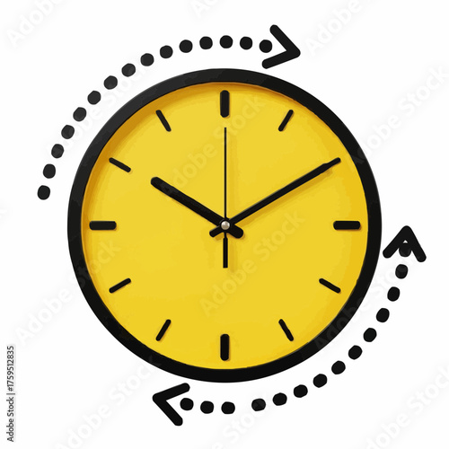 Modern minimalist yellow clock illustration with dotted arrow symbolizing time progression and productivity