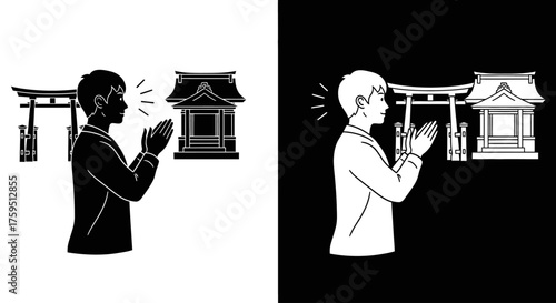 A man in a suit offering a prayer with clasped hands at a traditional Japanese Shinto shrine.