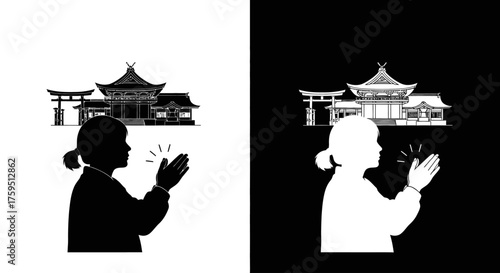 Silhouette of a girl praying by clapping her hands in front of a traditional Japanese shrine.
