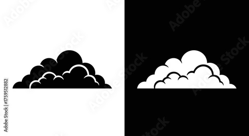 A minimalist graphic icon of a puffy cumulus cloud, presented in both black on a white background and its negative white on a black background.