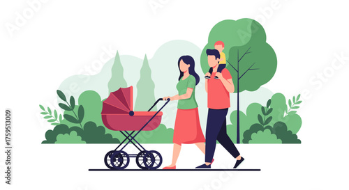 A happy family enjoys a stroll in the park with their baby in a stroller