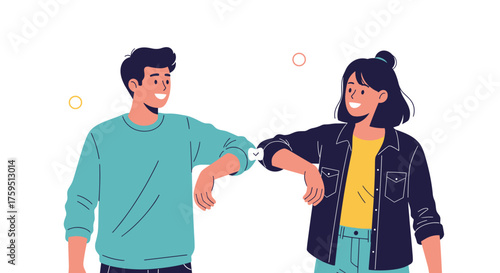 Two smiling young people greeting each other with elbow bump as a safe way to avoid spreading germs.