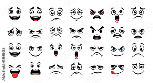 Cartoon faces show various expressions happiness sadness anger surprise and more
