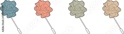 A colorful collection of illustrated bath sponges with long handles, showcasing a set of four back scrubbers for personal hygiene and body care