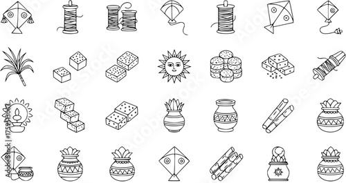 Makar Sankranti and Pongal Festival Icons Set. Linear vector illustration of traditional harvest celebration symbols: kites, thread, sun, sugarcane, jaggery, sweets, pots, lamp.