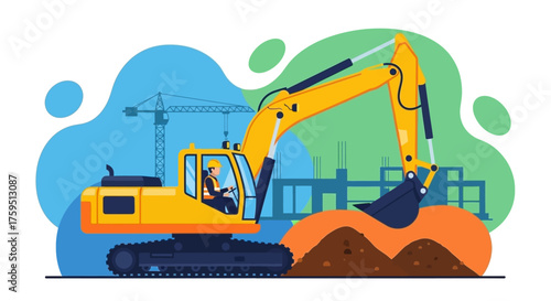 Construction worker operates excavator at a building site Industry development heavy machinery