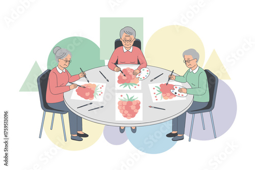 Elderly women enjoy painting raspberries in a creative group activity promoting leisure and wellness