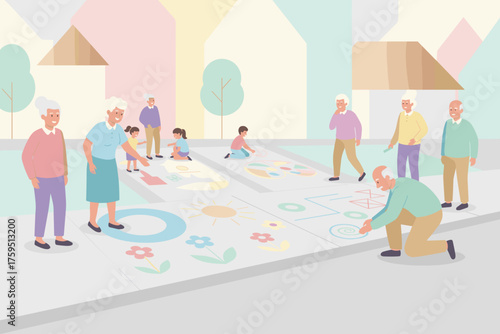 Intergenerational group draws colorful chalk art on pavement Community fun and connection