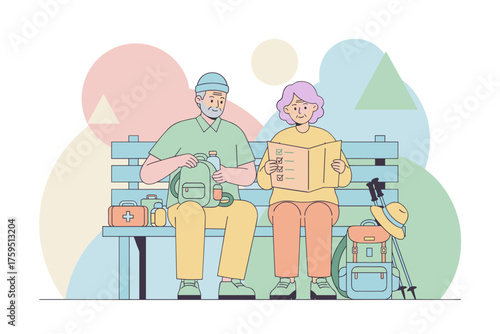 Senior couple happily prepares for active travel packing essentials and checking plans