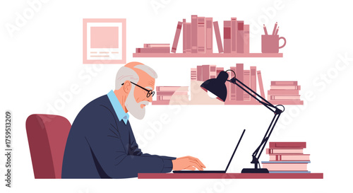 An older gentleman wearing glasses works diligently on his laptop computer at a desk illuminated by a lamp.