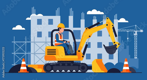 Worker operates an excavator at a construction site with buildings and a crane