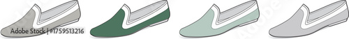 A stylish collection of simple illustrated slip-on shoes in a horizontal row, featuring various shades of grey and green, perfect for showcasing casual footwear options for diverse fashion needs
