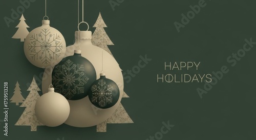 Wallpaper Mural Elegant Christmas baubles and pine trees with "Happy Holidays" text on dark background with copy space Torontodigital.ca