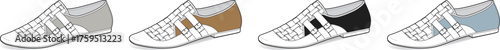 Collection of four white sneakers with different colored collars and laces on a white background