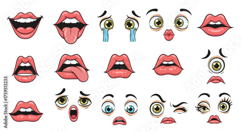 Cartoon facial features mouths eyes and eyebrows with various expressions arranged on a white background