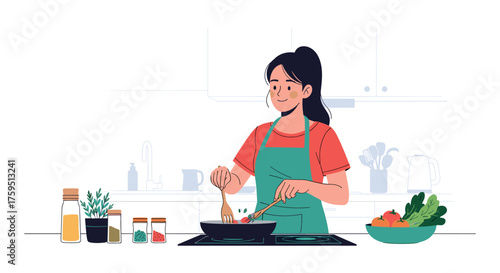 A young woman in an apron happily cooking a delicious meal in a modern kitchen.