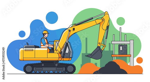 Skilled worker operates excavator on construction site Industry development and heavy machinery