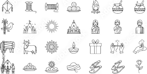 Detailed line art icons for Indian festivals like Makar Sankranti, Pongal, Lohri, and other cultural celebrations, featuring traditional elements and symbols.