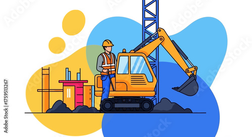 Construction worker operating excavator at building site Industrial development engineering and teamwork